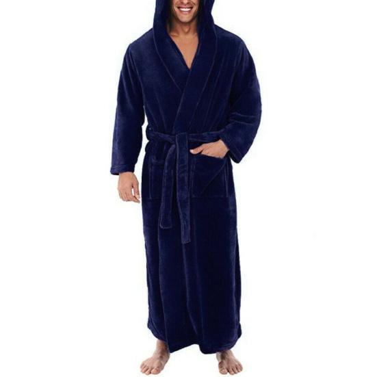 Men Soft Coral Fleece Solid Color Pockets Long Bath Robe Home Gown Sleepwear