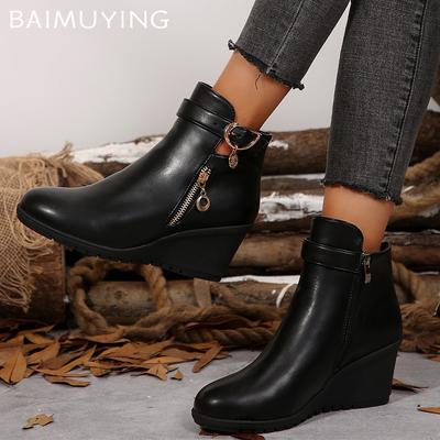 Женские ботильоны на танкетке из кожи, дизайнерские туфли на среднем каблуке с пряжкой, ретро-обувь, новый бренд 2025 года, зимняя классика, на молнии, Botas De Mujer