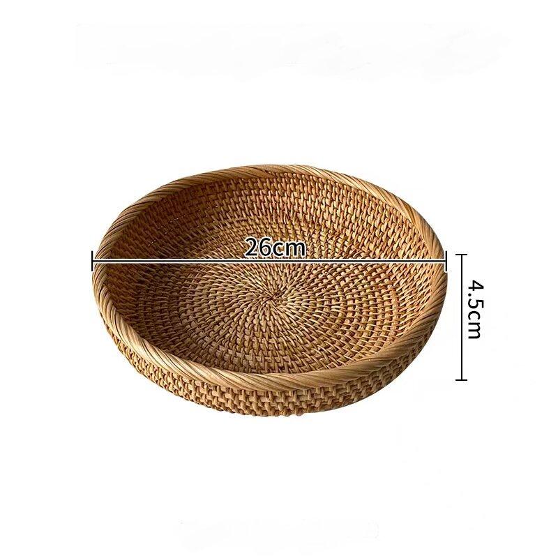 Handwoven Rattan Storage Tray with Wooden Handle Picnic Basket Bread Food Plate Snacks Fruit Cake Platter Dinner Serving Tray