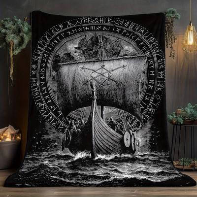 1 шт. Viking Pirate Ship Портативное одеяло-плед - Легкий фланелевый, для всех сезонов, мягкий, теплый, с фэнтезийным цифровым принтом в скандинавском стиле