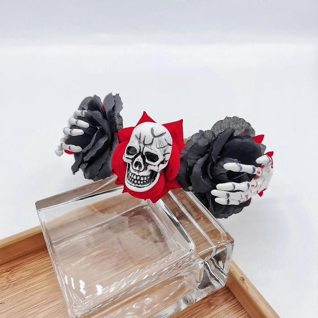 Spooky Skull Headband for Kids Halloween Flower Theme Parties Dark Skeleton Headband with Colorful Rose Garland Black
