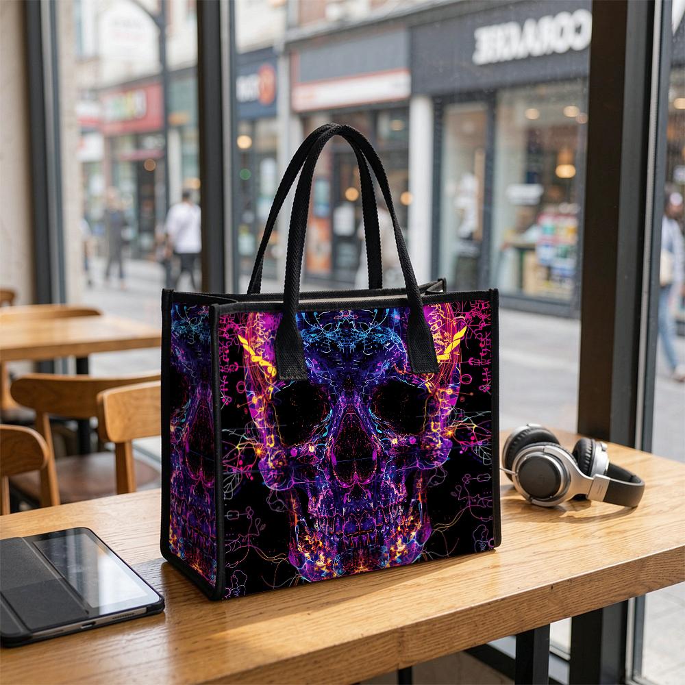 Neon Skull Pattern Tote Bag Fashion Large Capacity Daily Use Shoulder Handbag for Street Casual Outings