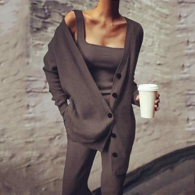 Модная вязаная майка, свободные брюки, винтажный кардиган с v-образным вырезом, пальто, повседневный жилет и длинные брюки, комплект из трех предметов 28657