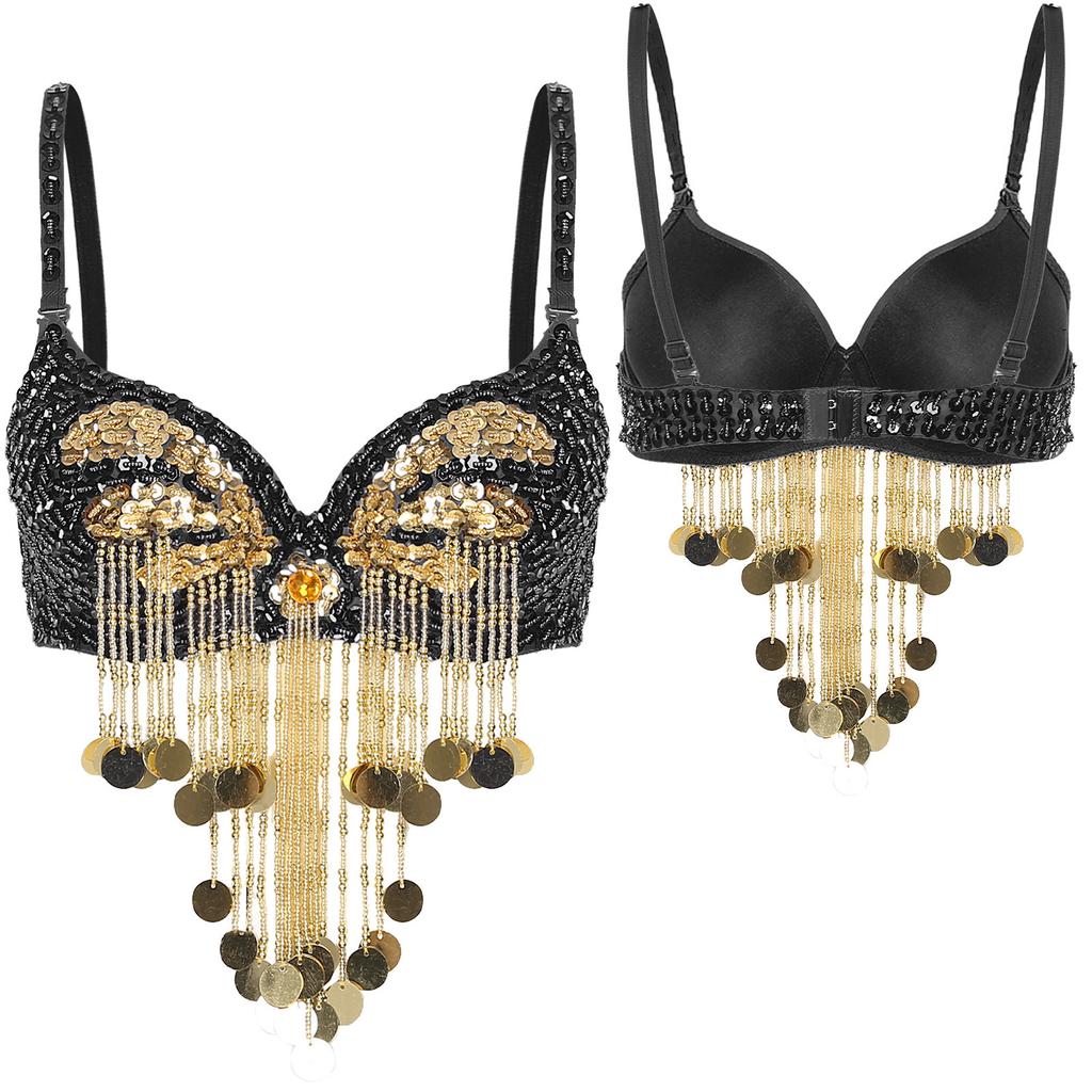 Women Music Festival Club Dancing Costume Shiny Belly Dance Bra Tops Tassel Sequined Costume Carnival Outfit Dancewear