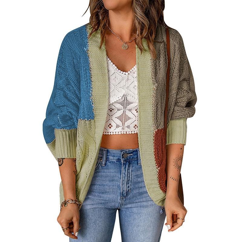 Womens Colorblock Knit Cardigan Sweater Winter Loose Fit Open Front Long Sleeve