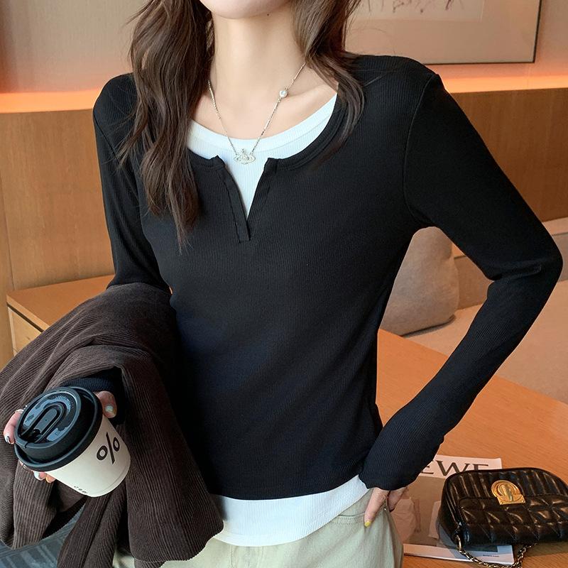 Fake Two-piece Design Long-sleeved T-shirt Women's Autumn Slim Slim Chic Beautiful Top Round Neck Undershirt