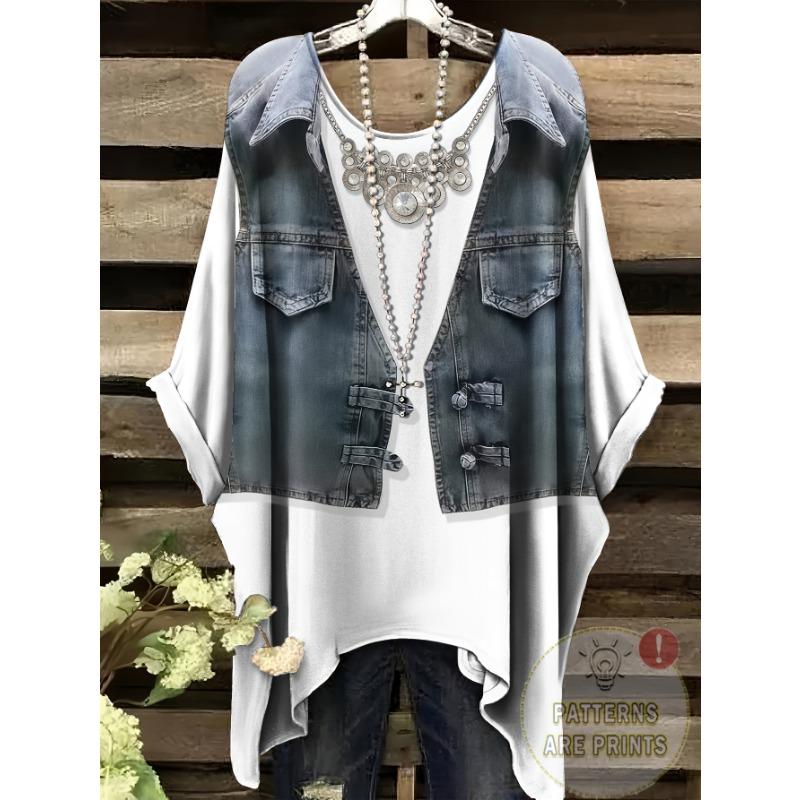 Большой размер, Женская повседневная футболка большого размера с коротким рукавом - Фиолетовый цветочный принт, Эластичный полиэстер, Круглый вырез, Можно стирать в машине, Комфорт круглый год