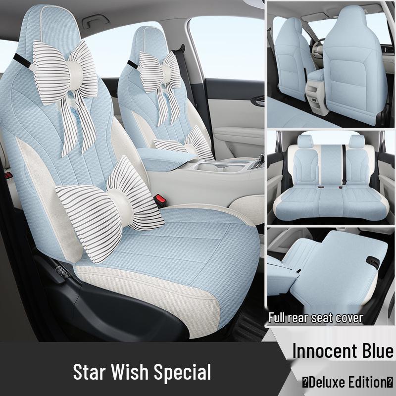 Jixingyuan Cartoon Cute Car Seat Cover - Five-Seater, Breathable Cotton Linen, All-Season Full Coverage Mat.