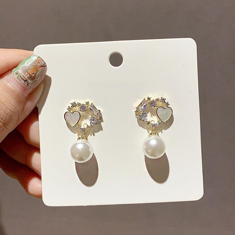 1010 new love pearl 911 silver needle Korean high-end sense rhinestone Internet celebrity temperament earrings pendant ear jewelry