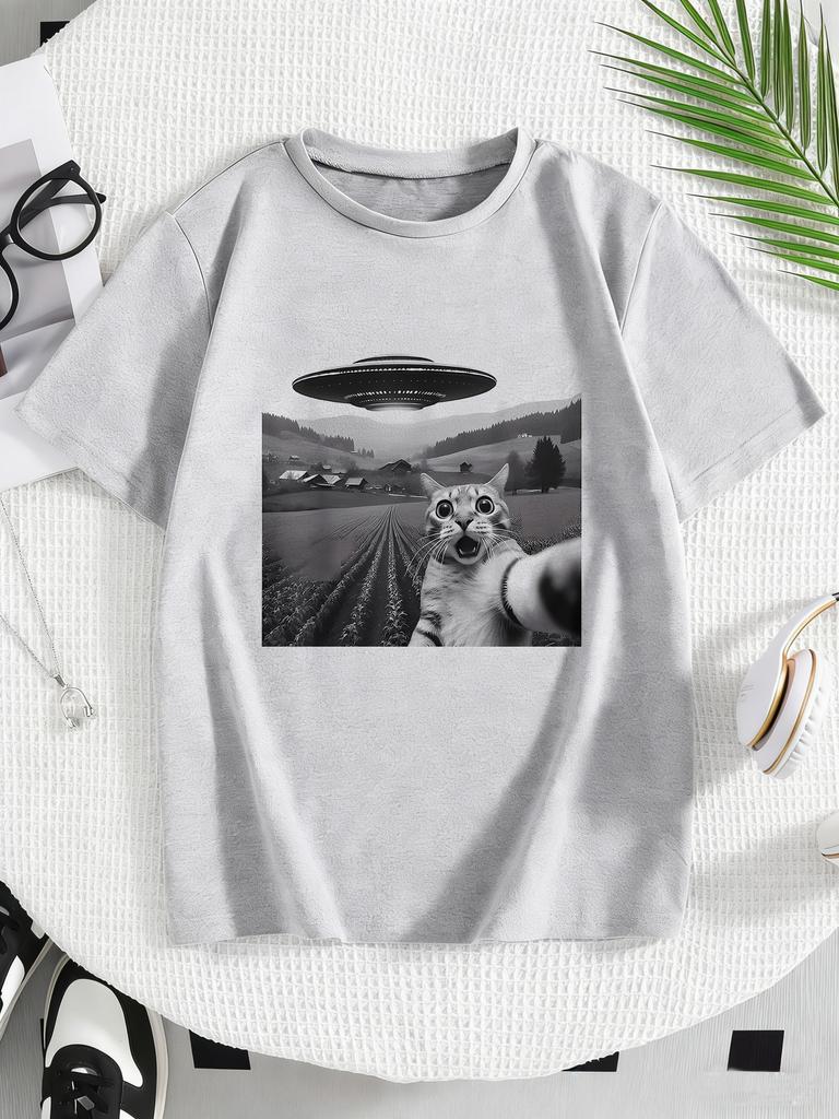 Funny Casual Ufo Cat Kawaii Design Print T Shirts Kids Children's T-shirt Anime Boys Girls Summer Spring Casual Top Tee