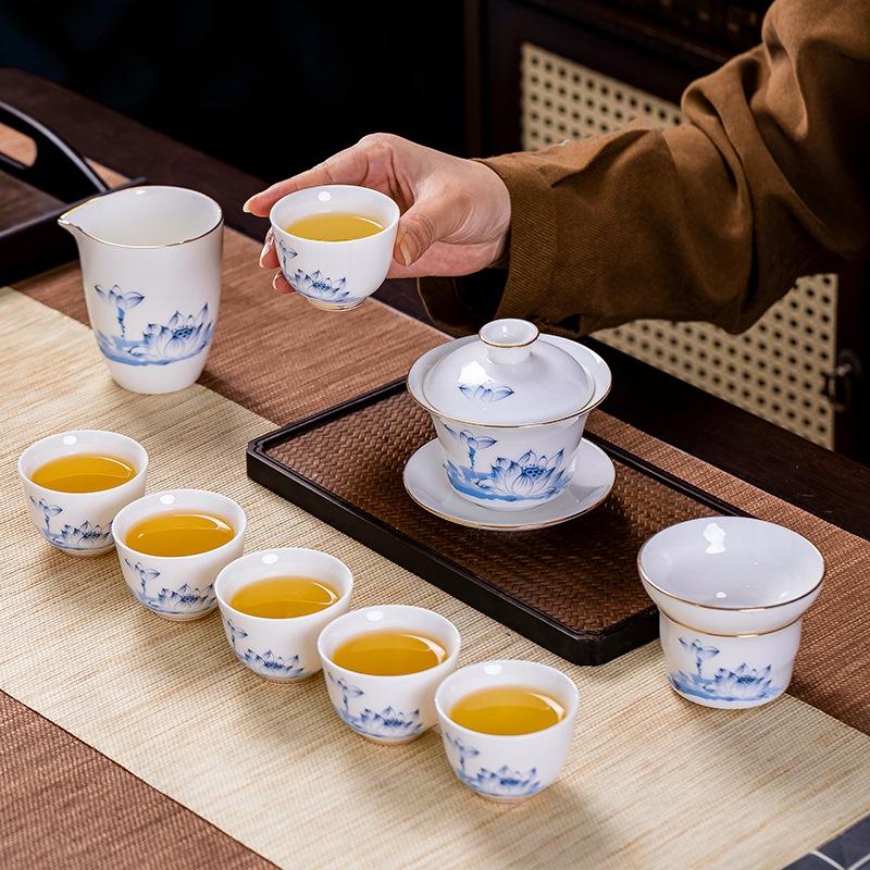 Jingdezhen Ceramic Tea Set Household Blue and White Kung Fu Teacup Cover Bowl 8-piece Combination Company Gifts