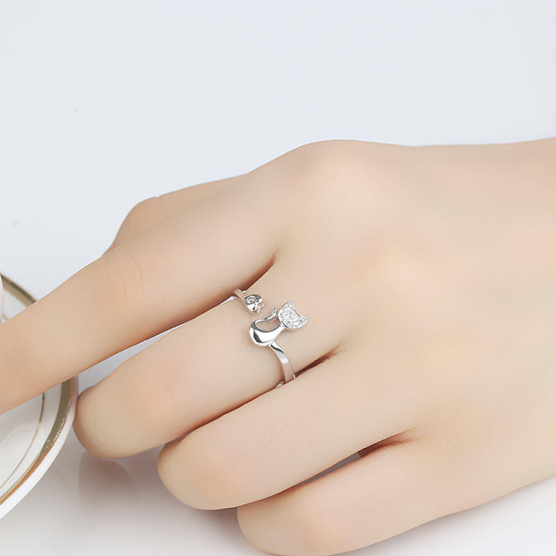 Cute Silver Color Cat Shape Adjustable Wedding Engagement Ring for Women Jewelry Gift KTY