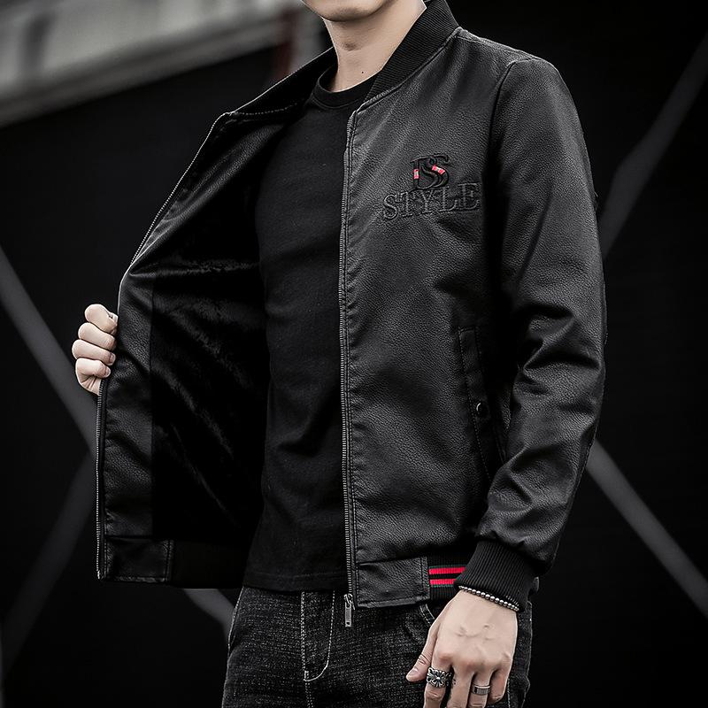 Осенне-зимняя новая мужская облегающая кожаная куртка с бейсбольным воротником, тонкая флисовая молодежная мотоциклетная мужская куртка из искусственной кожи