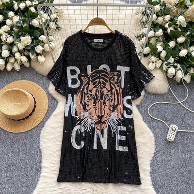 Платье с коротким рукавом и круглым вырезом, женское летнее, с пайетками тяжелой промышленности, свободное, уличное, легкое, зрелое, темперамент королевской сестры, средней длины