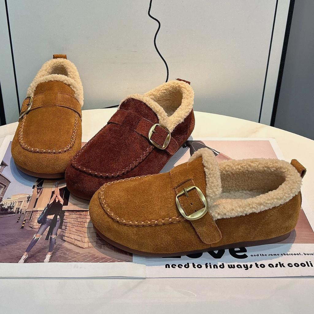 Кожаный вельвет Birkenstocks женские 2025 осень и зима новые ретро слипоны из овечьей шерсти теплые бобы хлопковые туфли для улицы