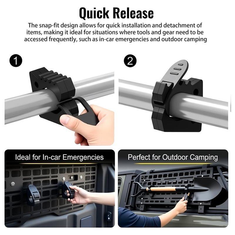 Shovel Holder 4PCS Quick Release Clamp For Truck Kit, For MOLLE Panel Anti-Slip Teeth, 1-1/5" To 1-1/2" Shovel Mount