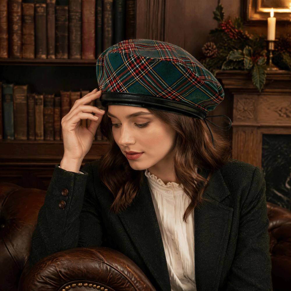 Y2K Tartan Plaid Beret Drawstring Artist Hat Fashion Newsboy Cap Girl