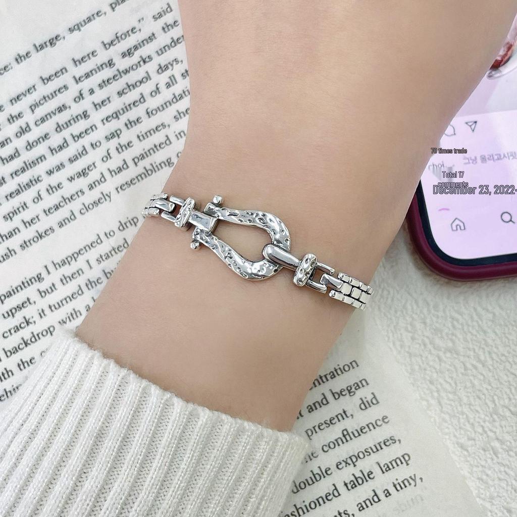 Silver Horseshoe Texture Bracelet: Women's Sterling Silver Niche Fashion Bangle, High-End Ins Style Jewelry