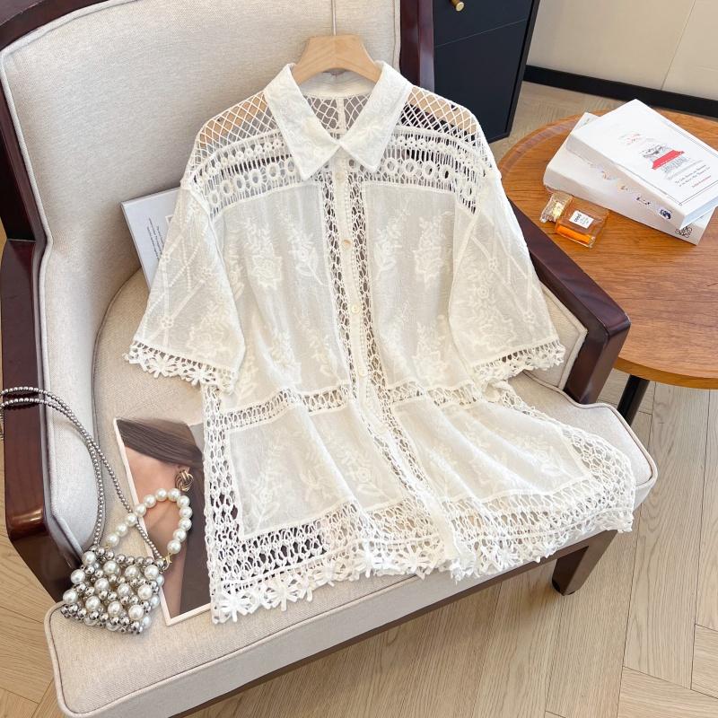 Dimanaf 2025 Новая летняя рубашка на пуговицах Женская кружевная блузка Вышивка Короткий рукав Модные топы Футболки Повседневные свободные футболки
