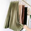 High Waist Satin Metallic Pleated Skirt Spring and Summer Women's Retro Mid-Length Slimming A- Line Skirt