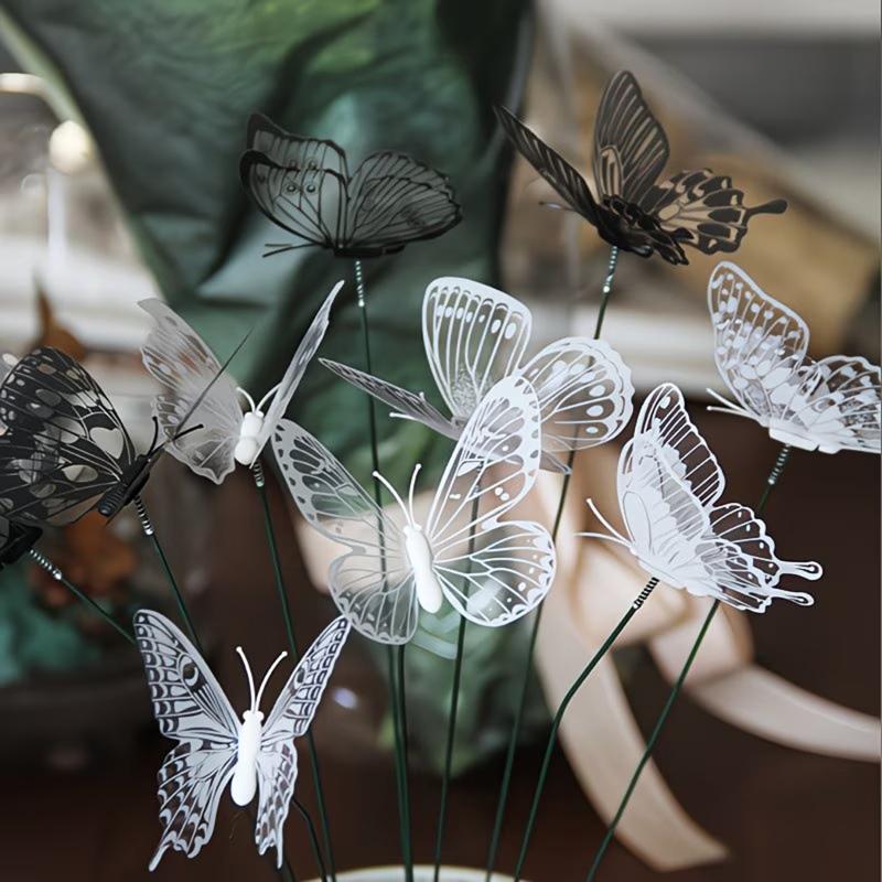 10/30pcs new 3D Black White Faux Butterfly Garden Stake Flower Vase Decoration Outdoor Garden Patio Decoration, Party Decoration