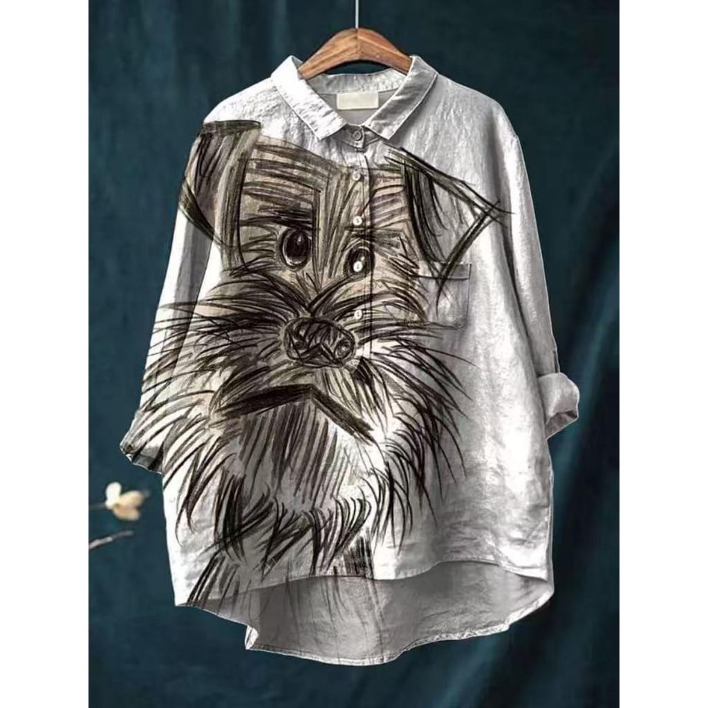 Женская повседневная свободная рубашка на пуговицах с цветочным принтом - Узор 'Косяк рыб'