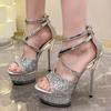 Fashion Women Wedding Party Stiletto Sandals Designer Shiny Sequin Pole Dance Shoes Clear Platform Shoes for Lady Summer 15CM High Heels