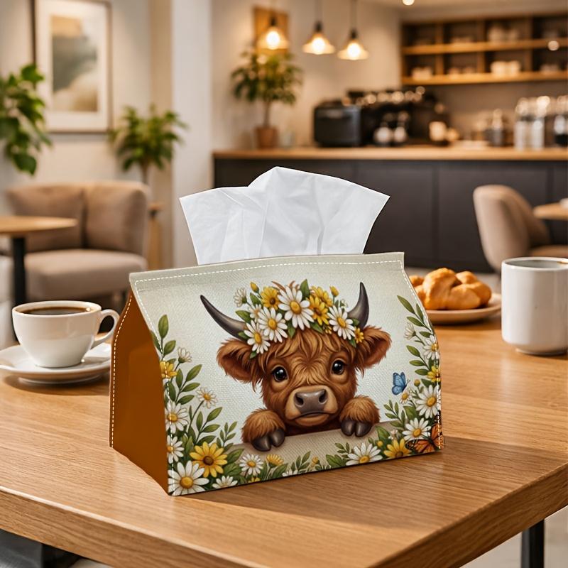1pc Rustic Farmhouse Tissue Box - Highland Cow Daisy Flower Napkin Storage Box, Suitable for Rolls/facial Tissues/single Sheets,Two Sizes Available fo