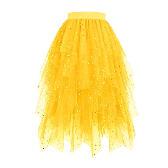 Женская юбка Звездное небо Двухслойная сетка Высокая талия Неровный подол Асимметричный высокий разрез Юбка для вечеринки/выступления