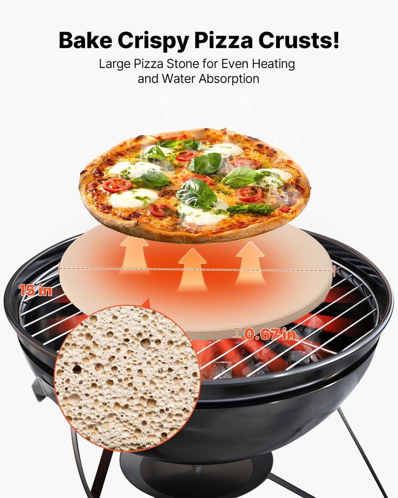 Pizza Stone, 381 mm Round Cordierite Pizza Stone, Extra Large Baking-Stone with Aluminum Peel, 17 mm Thickness Heat-Resistant Cooking Cordierite, for