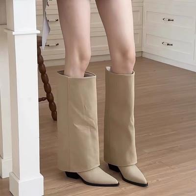 Кожаные ботильоны с острым носком и толстым каблуком женские 2025 новые осенне-зимние рыцарские сапоги сапоги в стиле вестерн ковбойские сапоги высокие сапоги