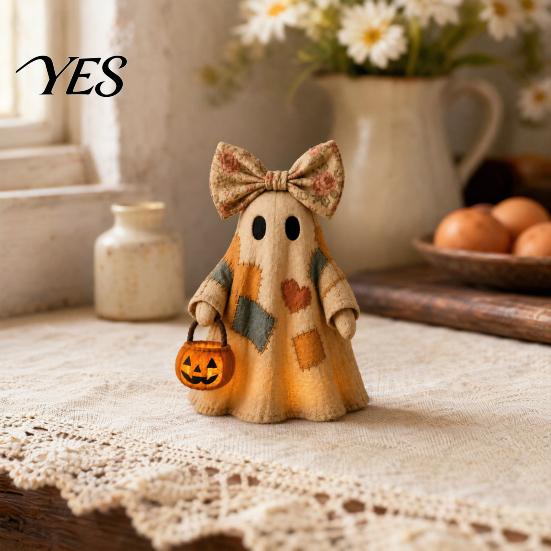 Cottage Style Halloween Ornament Lighted Vintage Patchwork Ghost, LED Light Ghost with Pumpkin Lantern Decor, Rustic Fall Decorations Ghosts