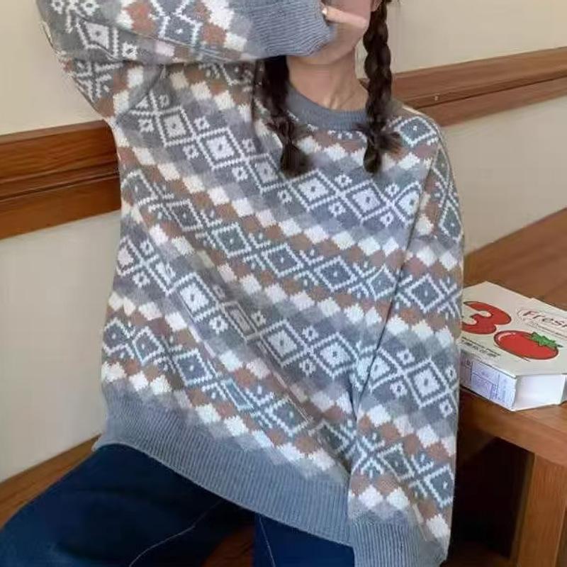 Женский свитер Fair Isle красного и кремового цветов, оверсайз, с круглым вырезом