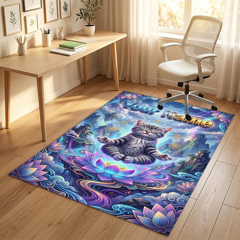Cat Theme Crystal Velvet Rug Personalized Custom Name Text Soft Floor Mat Home Decor