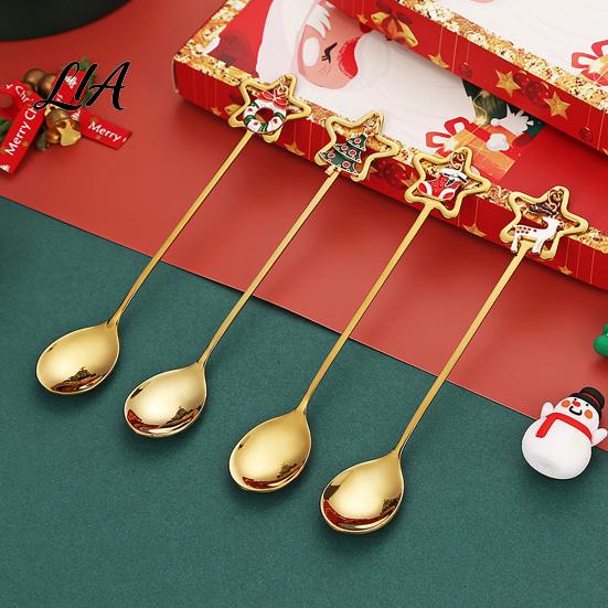 Stocking Stuffers for Christmas 4Pcs Stainless Steel Spoons, Coffee Stirring Xmas Dessert Teaspoons Santa Claus Tableware with Gift Box, Holiday Tea,
