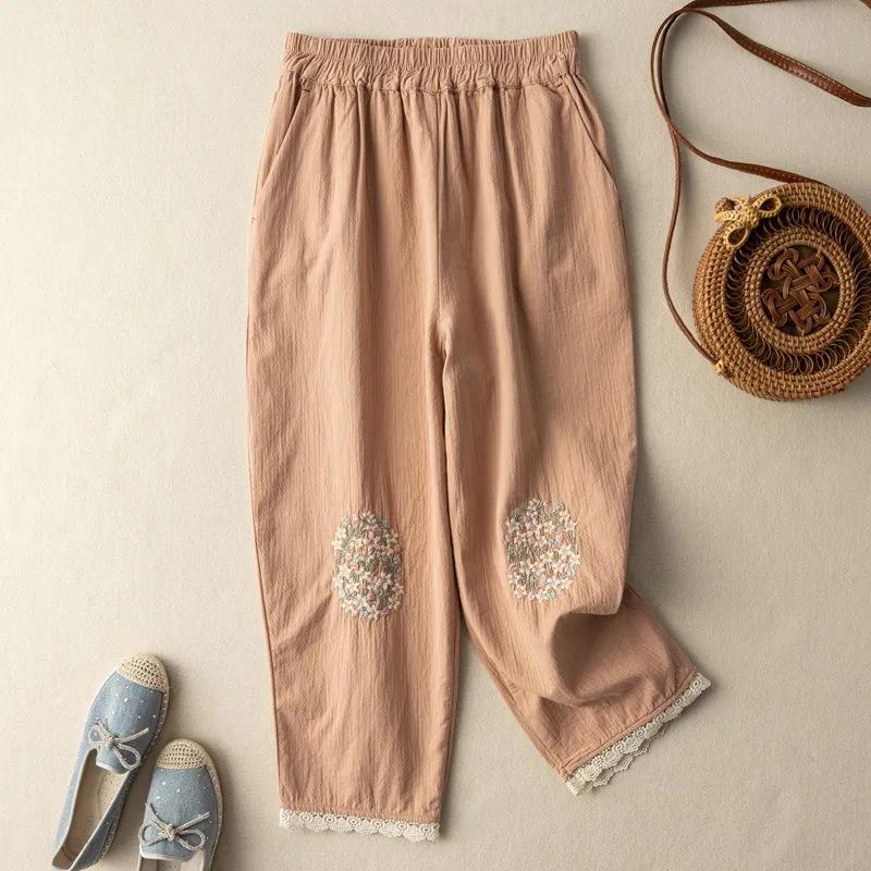 Ethnic Style Retro Embroidery Women's Haren Pants Summer Thin Linen Loose Casual Cropped Pants