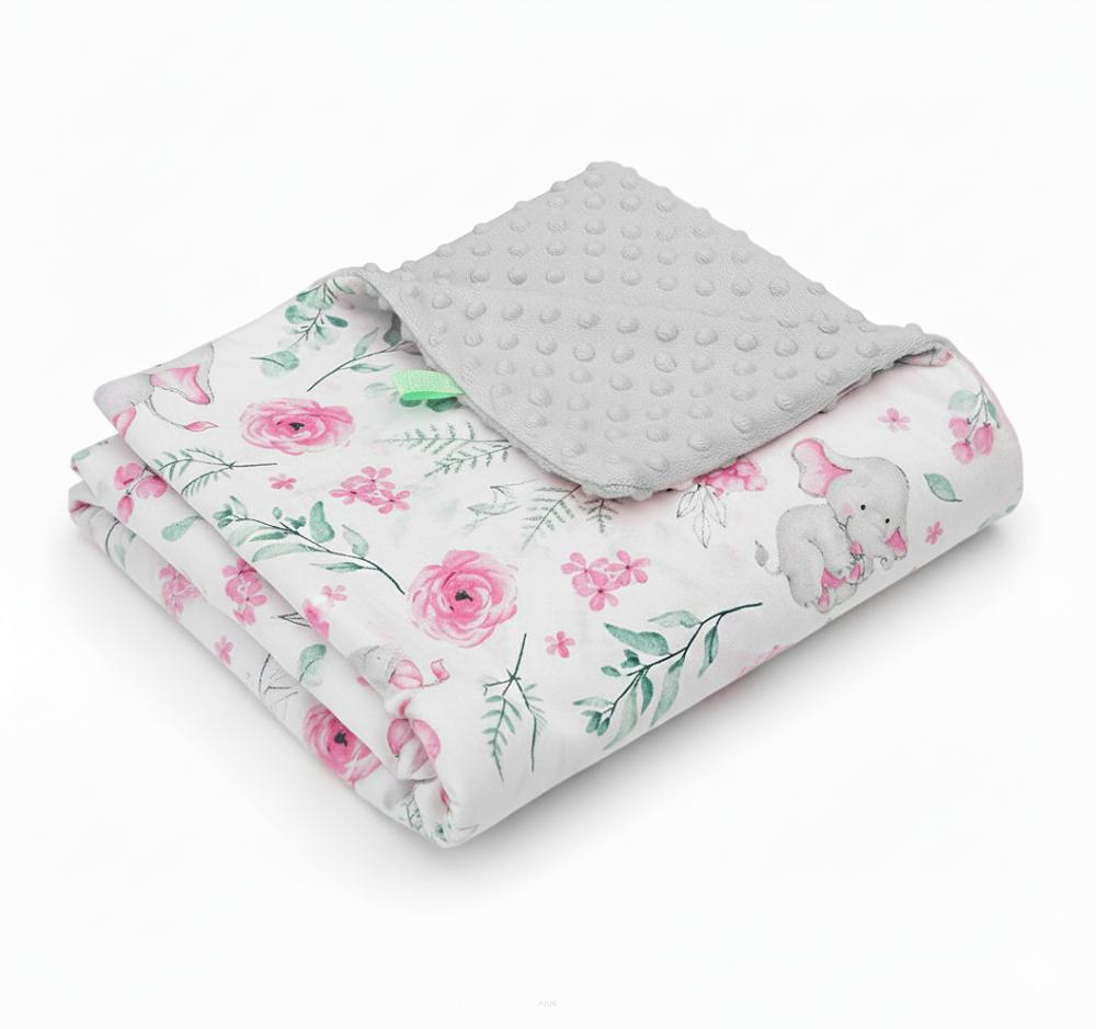 Blanket, plaid, MINKY 75x100 (ash + small pink elephants)