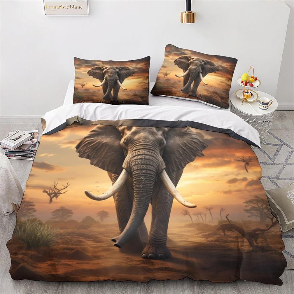 Elephant Quilt Cover Set with Zip, African Elephant Duvet Cover Set with Pillowcases Bedding Set Soft Microfiber Comforter Cover
