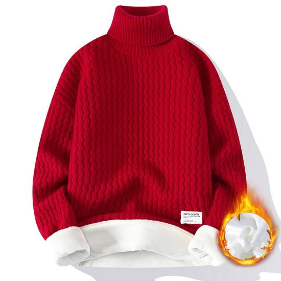Winter Solid Color Fleece Lined Warm Turtleneck Knit Pullover Sweater Men Casual Knitwear
