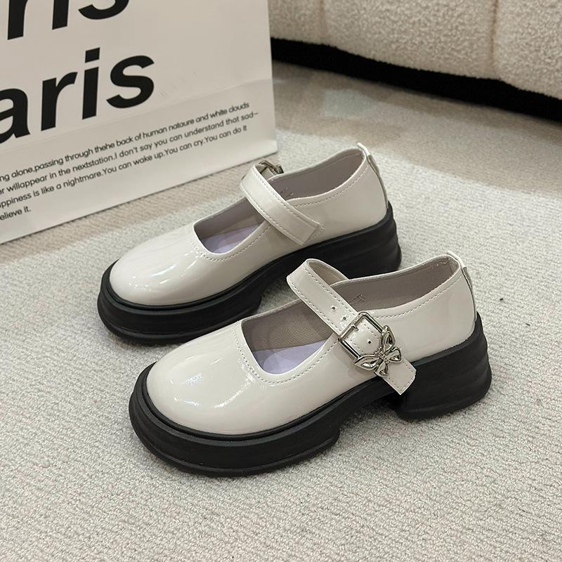 Французские туфли Мэри Джейн на высоком каблуке для женщин, Ретро, Пряжка на одной пуговице, Универсальный бантик, На толстой подошве, Кожаные туфли на массивном каблуке