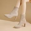 2025 New Womens Fashion Heeled Ankle Boots Autumn Pointy Solid Color Stretch Sock Boots Women Chunky Slip On Shoes