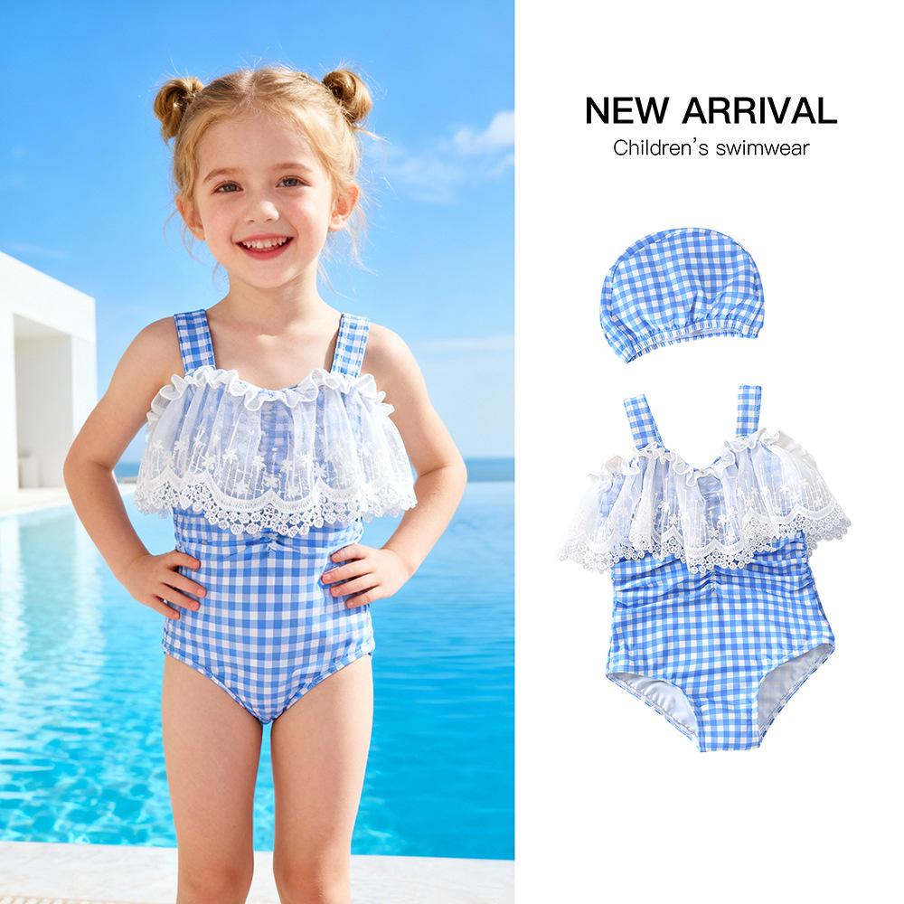 2026 Princess Plaid Quick-Dry One-Piece Swimsuit for Girls