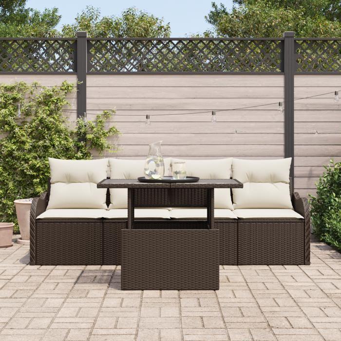 Ensemble de canapé de jardin 5 pièces avec coussins marron en poly rotin, Canapé de jardin 2 places avec rangements 3357101