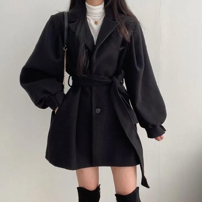 Autumn Winter Women Fashion Korean Woolen Coat Female Retro Suit Collar Straps Waist Lantern Sleeve Jacket Ladies Casual Loose Solid Outwear