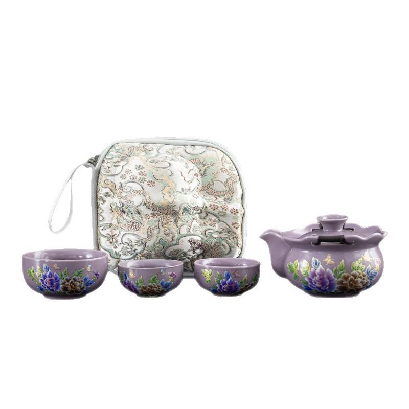 Retro Ru kiln blue and white travel tea set portable express cup one pot three cups outdoor camping tea equipment