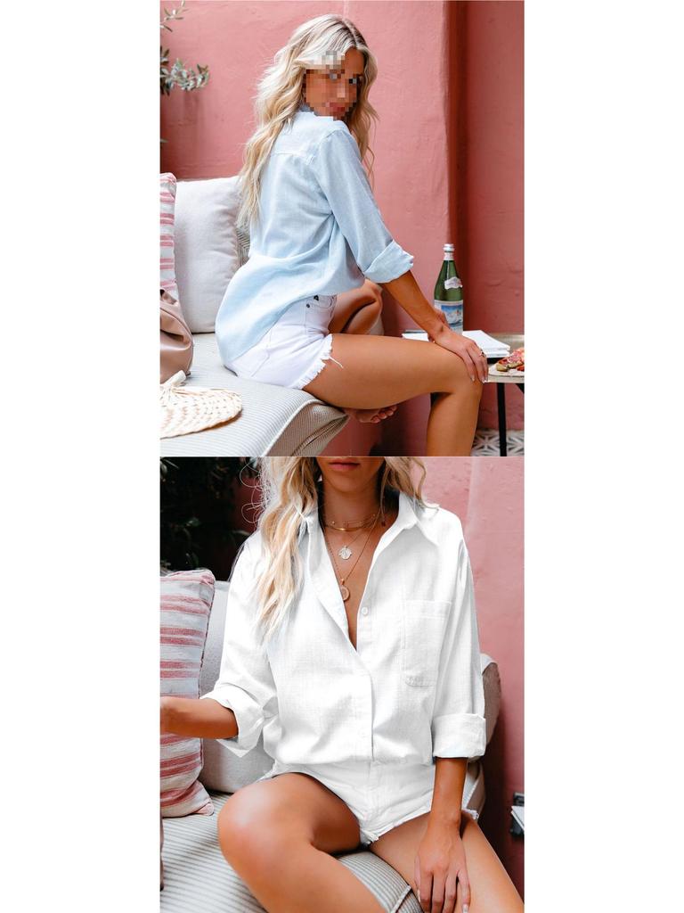 Женская летняя хлопково-льняная рубашка с длинным рукавом и воротником