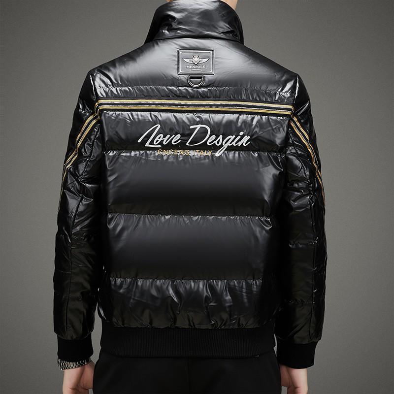 Mens Stand Collar Puffer Jacket Winter Warm Thickened Casual Down Coat With Embroidery Shine Finish