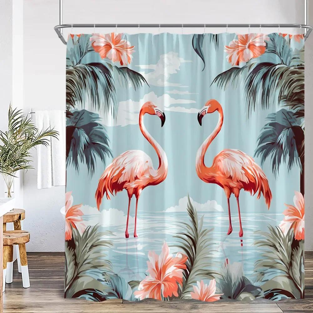 Весна Лето Фламинго Шторка для душа Розовая птица Тропические листья Тропический лес Джунгли Ванная комната Декоративная шторка для душа