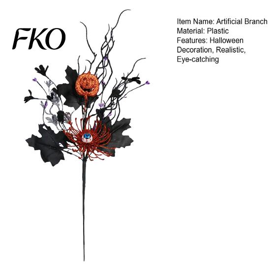Halloween Party Decor Artificial Branch with Pumpkin And Eyeball, Black Glitter Fake Twig Centerpiece Decorations Maple Leaves for Gothic Vase Filler,
