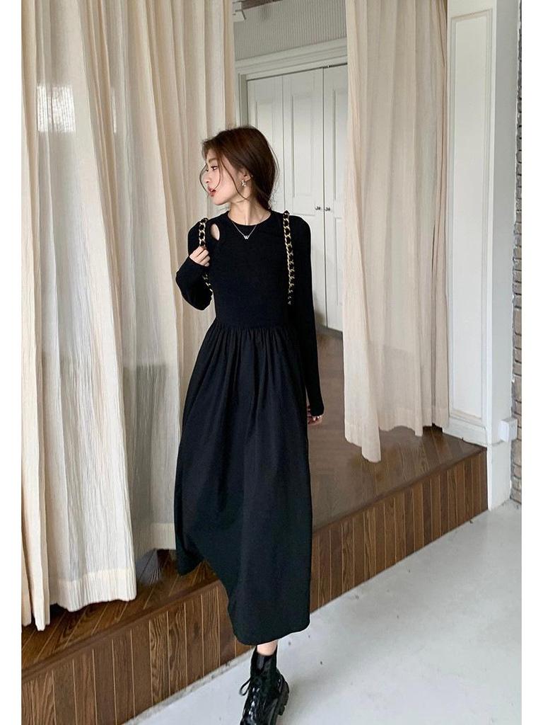 Hepburn-Style Hollow Long-Sleeve Slim Fit Dress - Autumn/Winter 2024